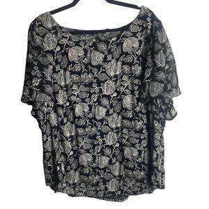 Lucky Brand Size 3X Dark Floral Blouse Flutter Sleeve Black Grey Boho Scoop Neck